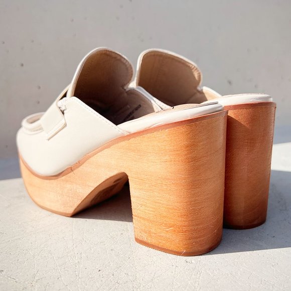 NEW Penny Loafer Wooden Platform Heel Clog Mules Shoes Chunky Off White Bone - Picture 8 of 16